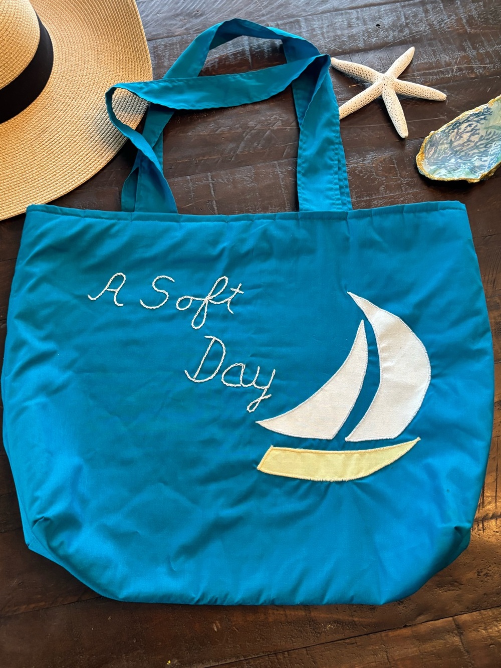 Blue Sailboat Beach Tote “A Soft Day”  Nautical Summer Bag Coastal Grandma Chic